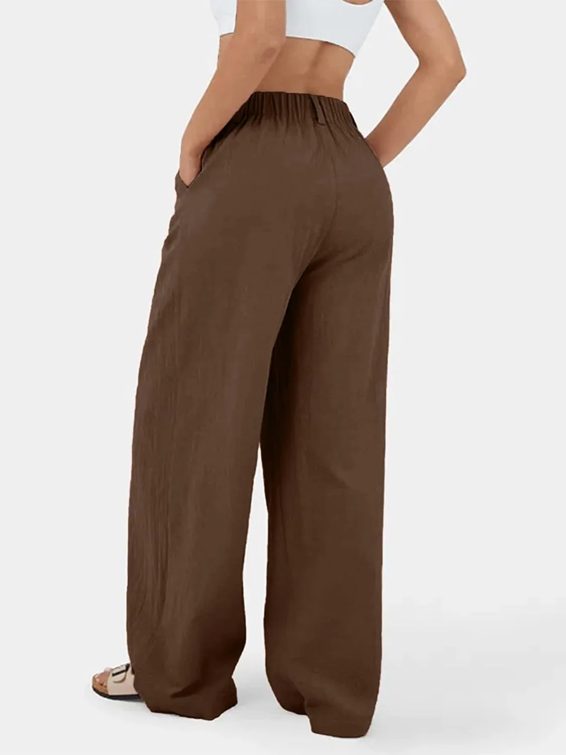 IFFEI Womens Linen Pants Casual Loose Wide Leg High Waist Button Up Pants Trousers with Pockets