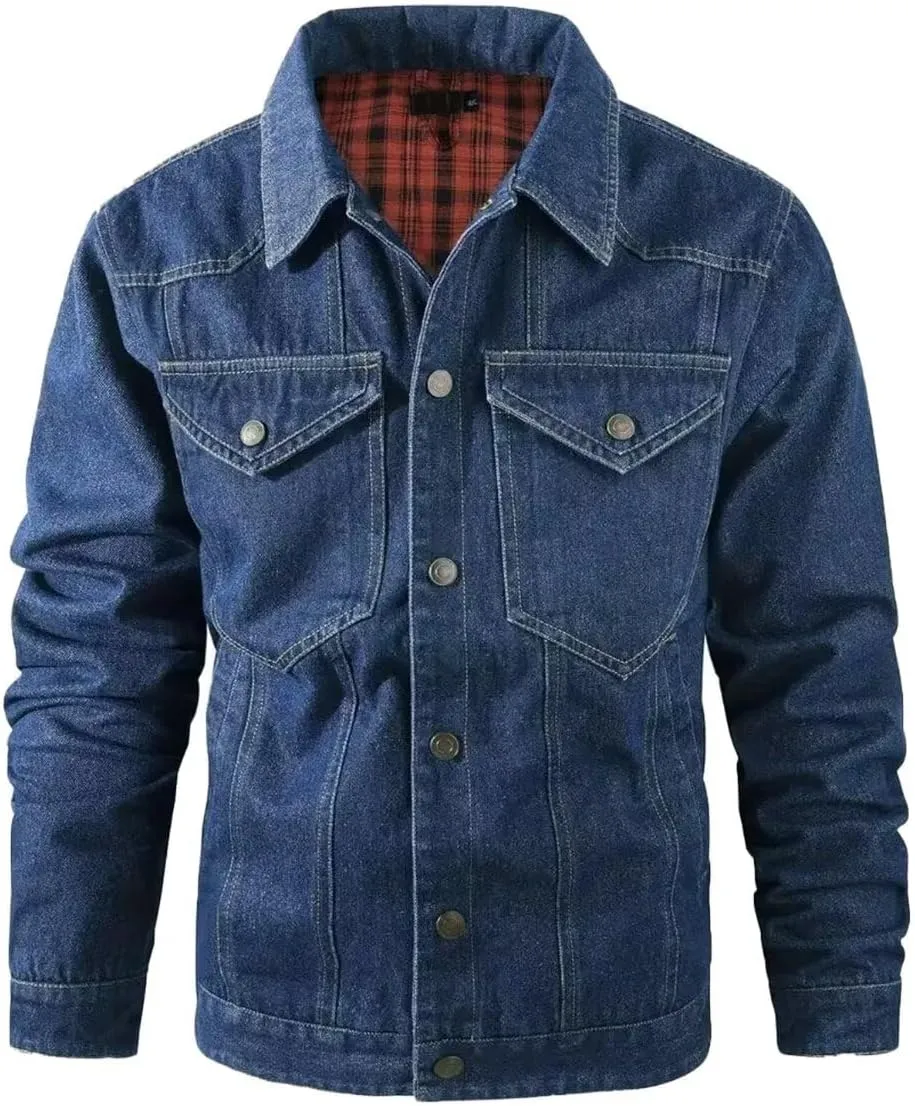 INVACHI Men's Denim Shirt Jacket Plaid Flannel Lined Shacket Casual Lightweight Trucker Cargo Coat