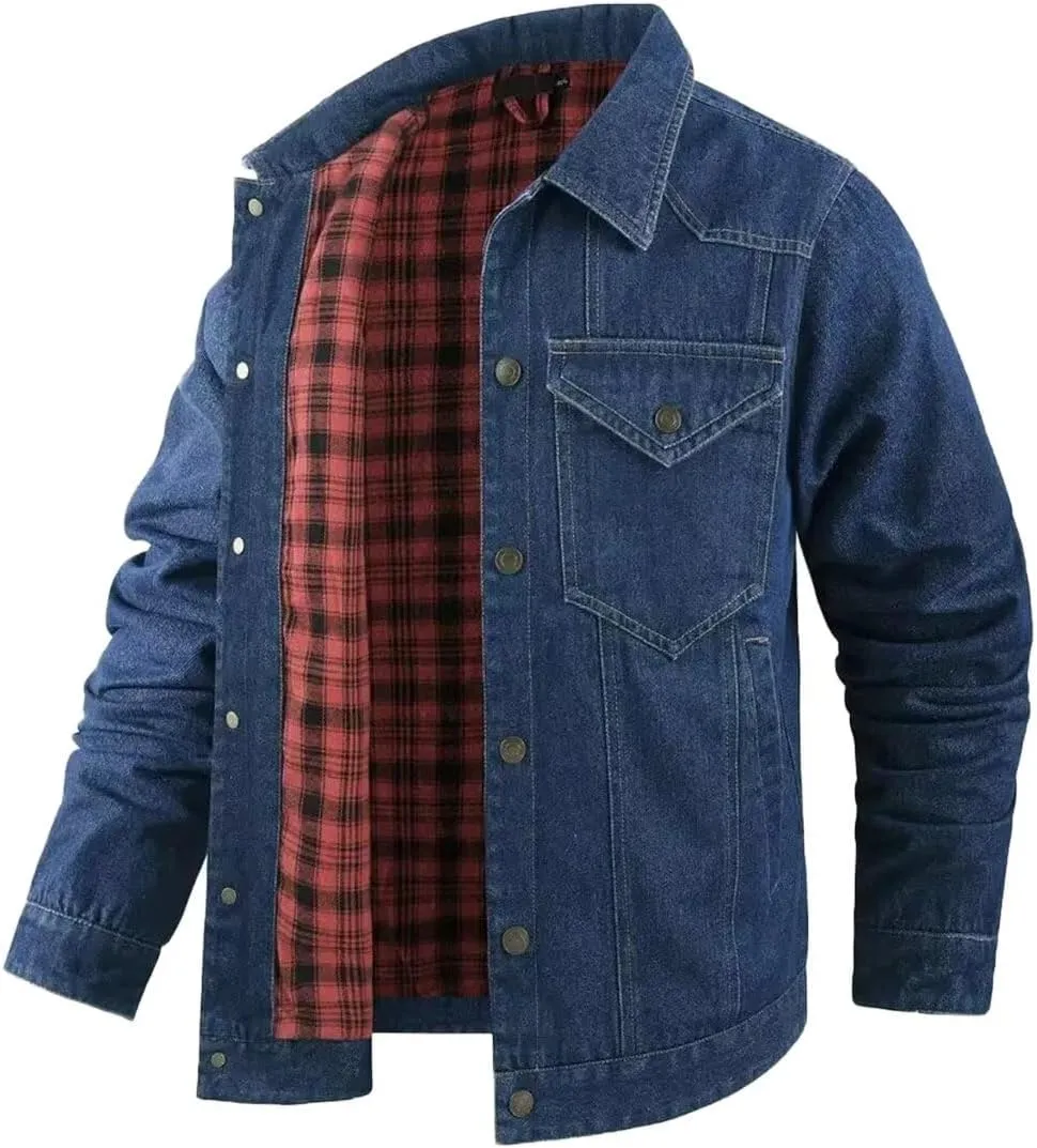 INVACHI Men's Denim Shirt Jacket Plaid Flannel Lined Shacket Casual Lightweight Trucker Cargo Coat