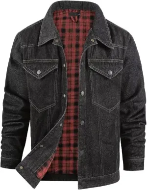 INVACHI Men's Denim Shirt Jacket Plaid Flannel Lined Shacket Casual Lightweight Trucker Cargo Coat