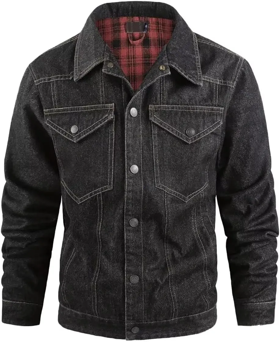 INVACHI Men's Denim Shirt Jacket Plaid Flannel Lined Shacket Casual Lightweight Trucker Cargo Coat