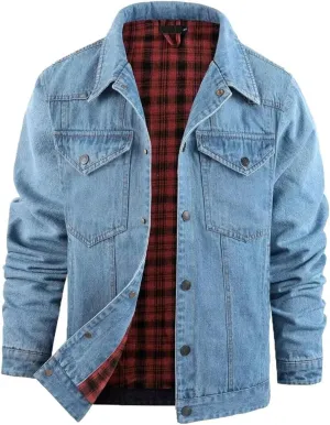 INVACHI Men's Denim Shirt Jacket Plaid Flannel Lined Shacket Casual Lightweight Trucker Cargo Coat