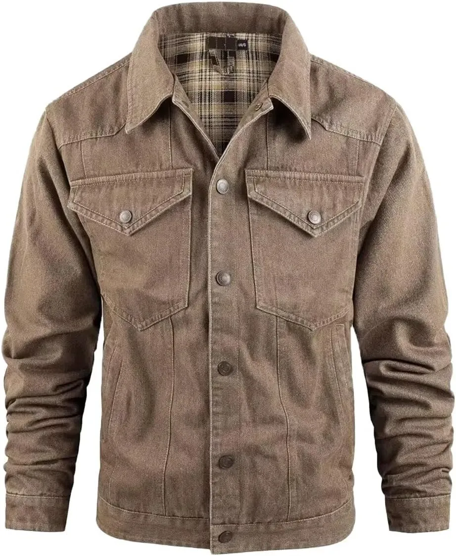 INVACHI Men's Denim Shirt Jacket Plaid Flannel Lined Shacket Casual Lightweight Trucker Cargo Coat