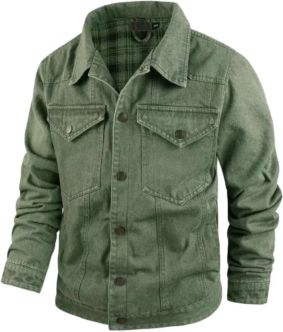 INVACHI Men's Denim Shirt Jacket Plaid Flannel Lined Shacket Casual Lightweight Trucker Cargo Coat