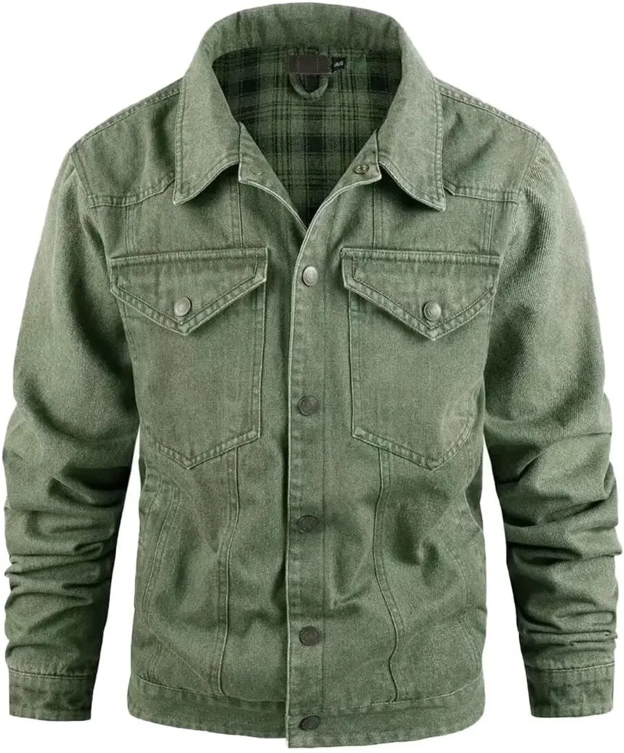INVACHI Men's Denim Shirt Jacket Plaid Flannel Lined Shacket Casual Lightweight Trucker Cargo Coat