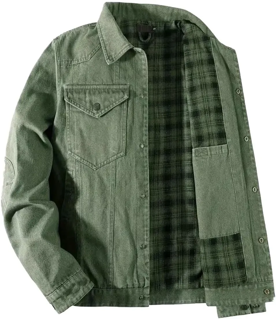 INVACHI Men's Denim Shirt Jacket Plaid Flannel Lined Shacket Casual Lightweight Trucker Cargo Coat