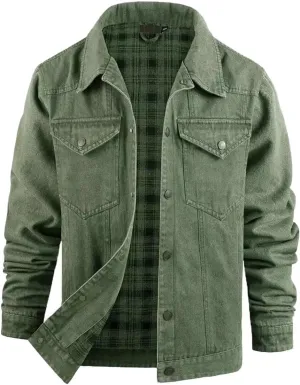 INVACHI Men's Denim Shirt Jacket Plaid Flannel Lined Shacket Casual Lightweight Trucker Cargo Coat