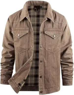 INVACHI Men's Denim Shirt Jacket Plaid Flannel Lined Shacket Casual Lightweight Trucker Cargo Coat