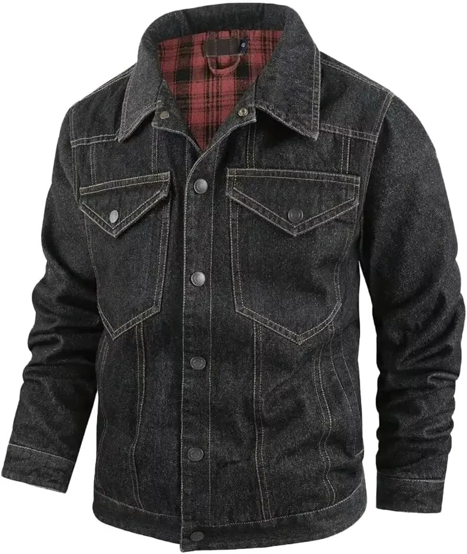 INVACHI Men's Denim Shirt Jacket Plaid Flannel Lined Shacket Casual Lightweight Trucker Cargo Coat