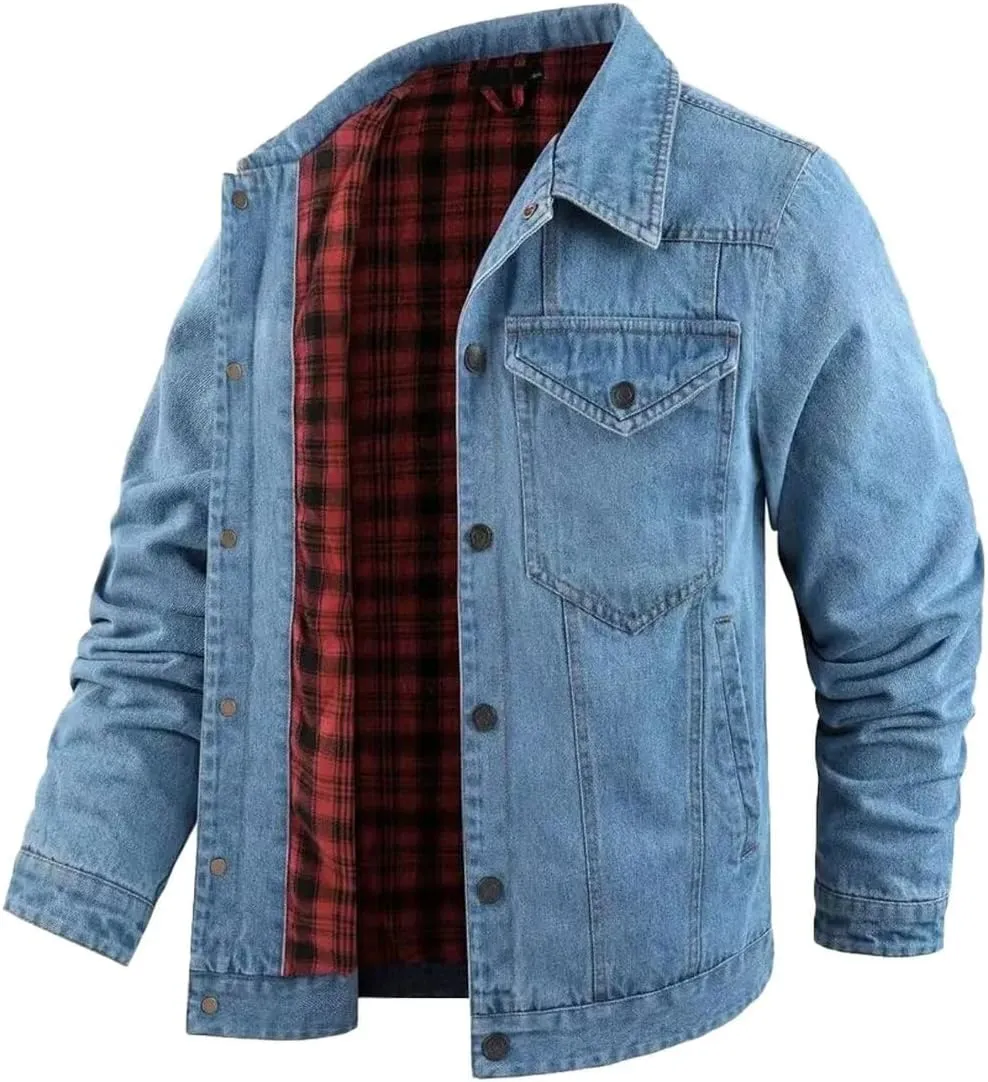 INVACHI Men's Denim Shirt Jacket Plaid Flannel Lined Shacket Casual Lightweight Trucker Cargo Coat