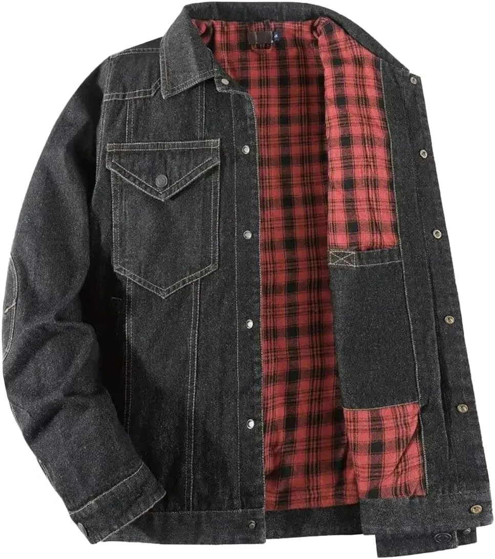INVACHI Men's Denim Shirt Jacket Plaid Flannel Lined Shacket Casual Lightweight Trucker Cargo Coat