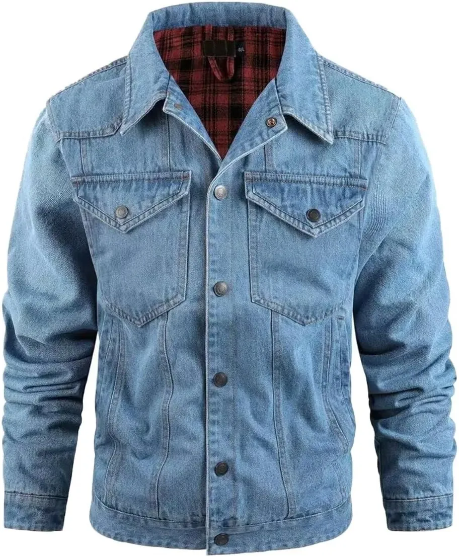 INVACHI Men's Denim Shirt Jacket Plaid Flannel Lined Shacket Casual Lightweight Trucker Cargo Coat