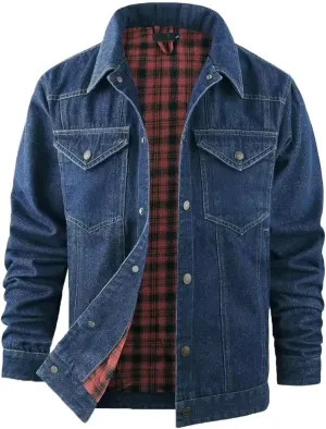 INVACHI Men's Denim Shirt Jacket Plaid Flannel Lined Shacket Casual Lightweight Trucker Cargo Coat