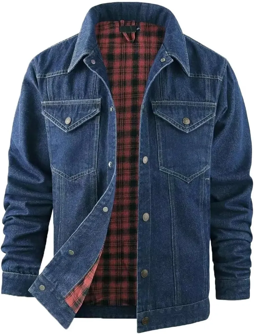 INVACHI Men's Denim Shirt Jacket Plaid Flannel Lined Shacket Casual Lightweight Trucker Cargo Coat