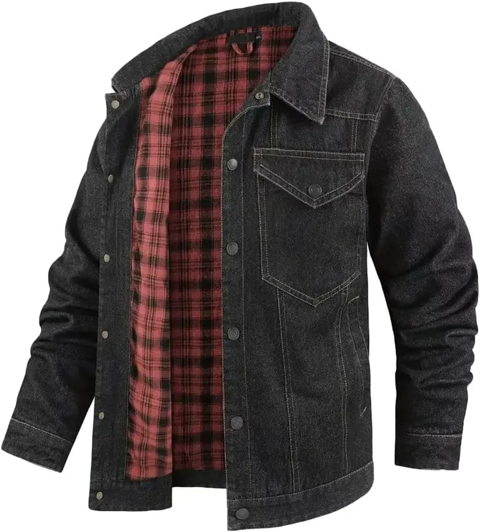 INVACHI Men's Denim Shirt Jacket Plaid Flannel Lined Shacket Casual Lightweight Trucker Cargo Coat