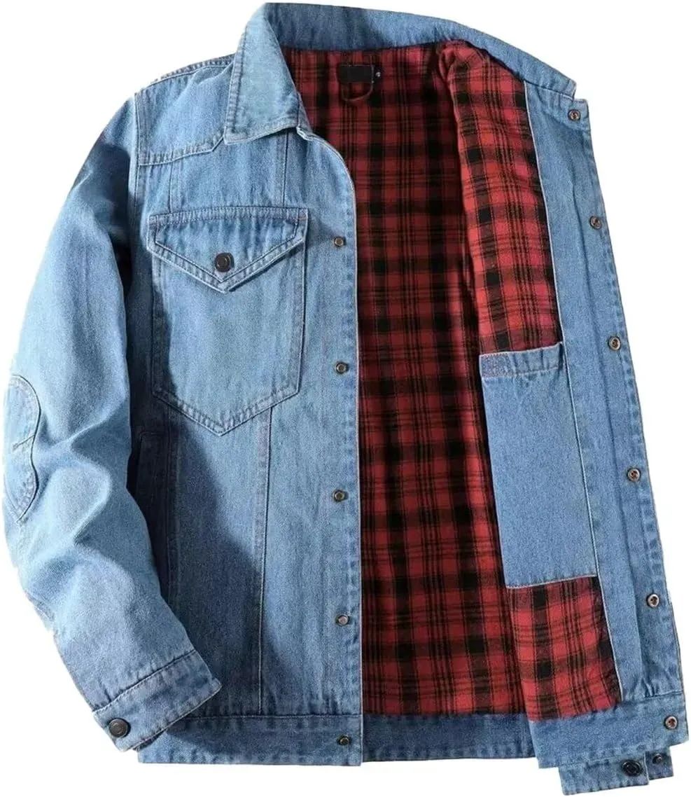 INVACHI Men's Denim Shirt Jacket Plaid Flannel Lined Shacket Casual Lightweight Trucker Cargo Coat