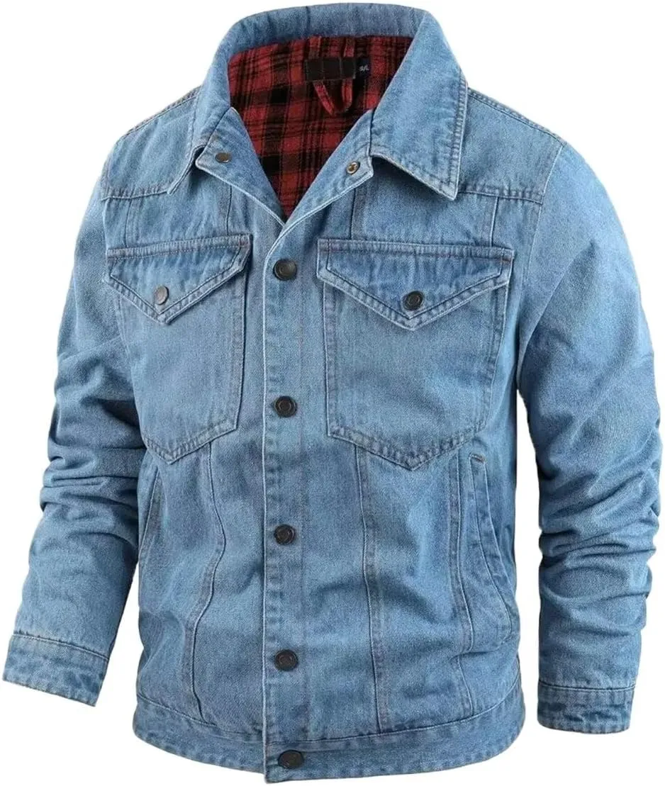 INVACHI Men's Denim Shirt Jacket Plaid Flannel Lined Shacket Casual Lightweight Trucker Cargo Coat