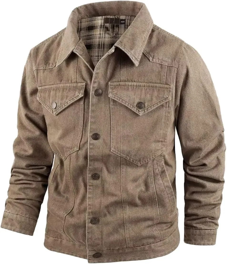 INVACHI Men's Denim Shirt Jacket Plaid Flannel Lined Shacket Casual Lightweight Trucker Cargo Coat
