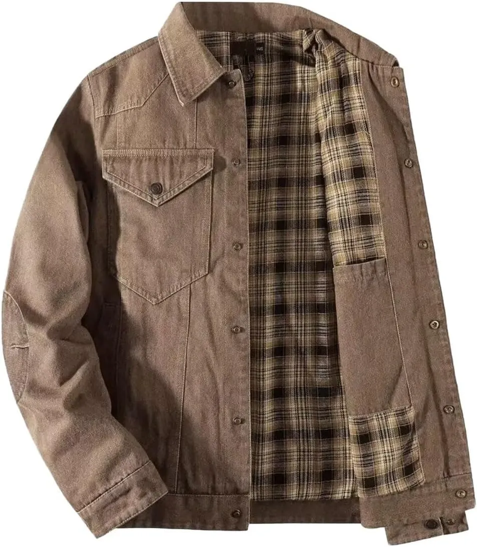 INVACHI Men's Denim Shirt Jacket Plaid Flannel Lined Shacket Casual Lightweight Trucker Cargo Coat