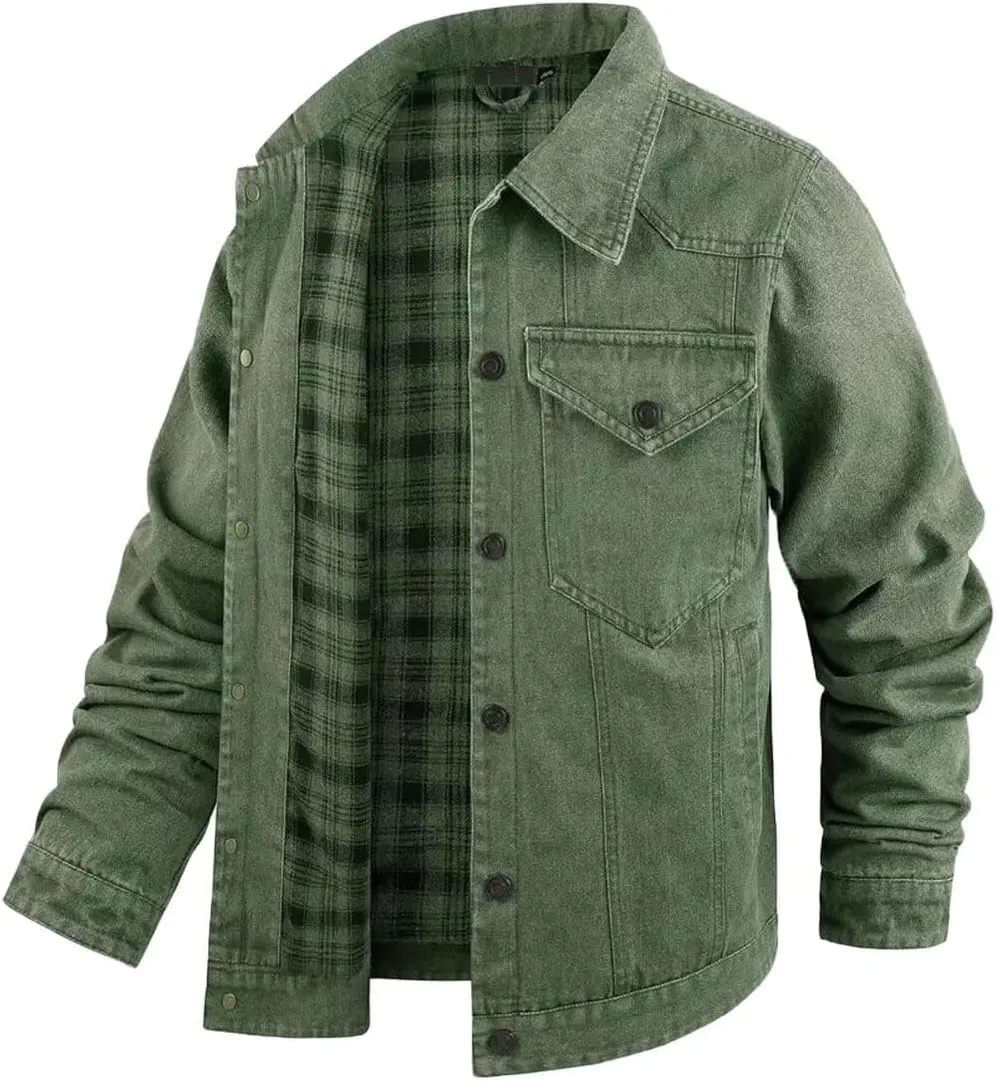 INVACHI Men's Denim Shirt Jacket Plaid Flannel Lined Shacket Casual Lightweight Trucker Cargo Coat