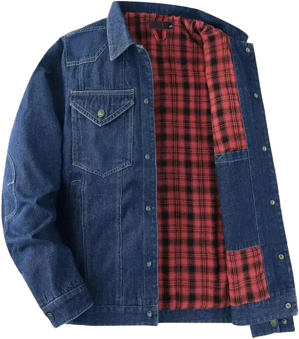 INVACHI Men's Denim Shirt Jacket Plaid Flannel Lined Shacket Casual Lightweight Trucker Cargo Coat
