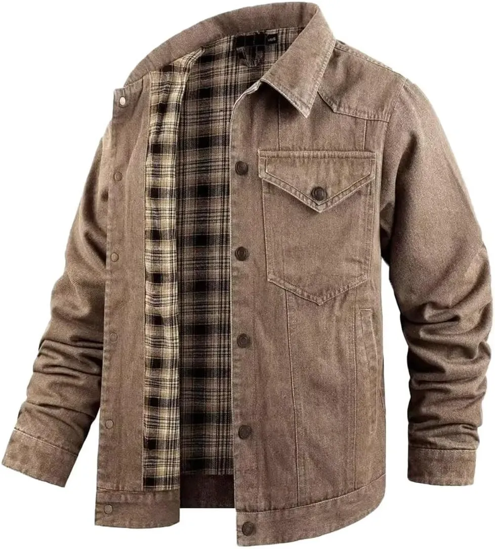 INVACHI Men's Denim Shirt Jacket Plaid Flannel Lined Shacket Casual Lightweight Trucker Cargo Coat