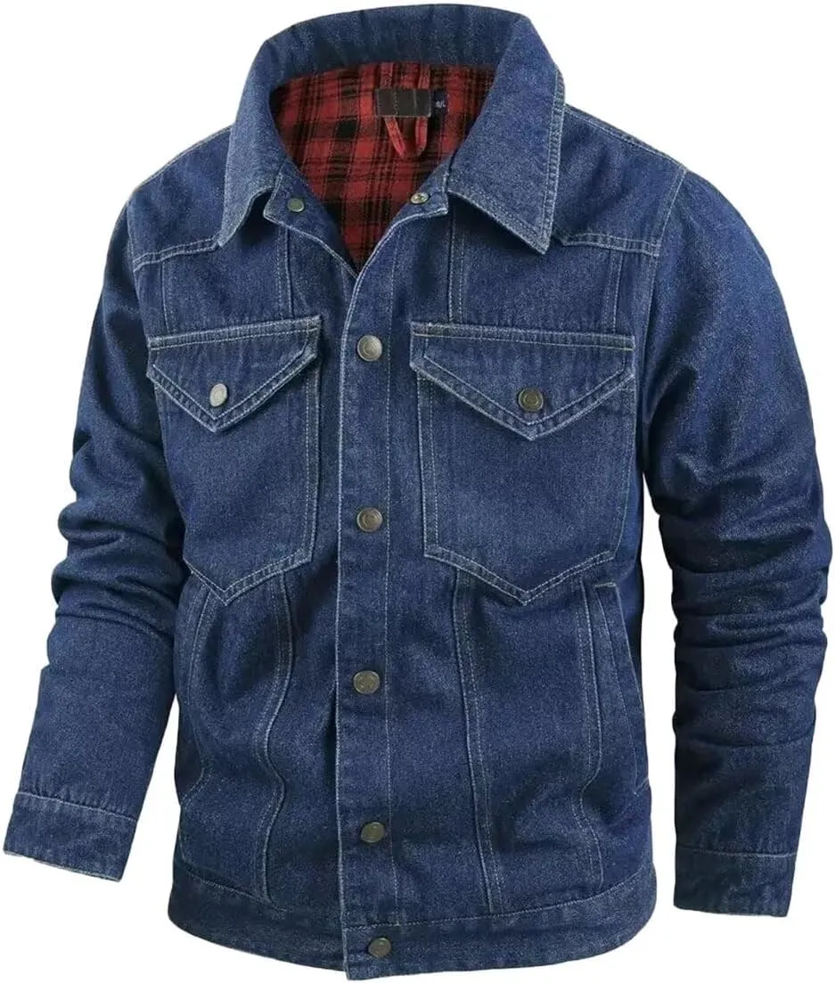 INVACHI Men's Denim Shirt Jacket Plaid Flannel Lined Shacket Casual Lightweight Trucker Cargo Coat