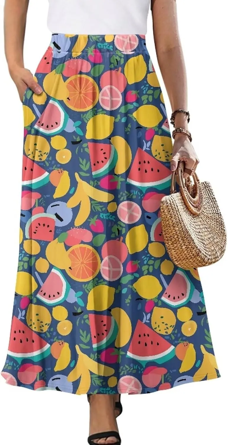 Irisjudy Butterfly Moon Women's Long Maxi Skirts Hawaii Beach Vintage Ankle-Length Pleated Skirts Fire Flame Maxi Long Skirt