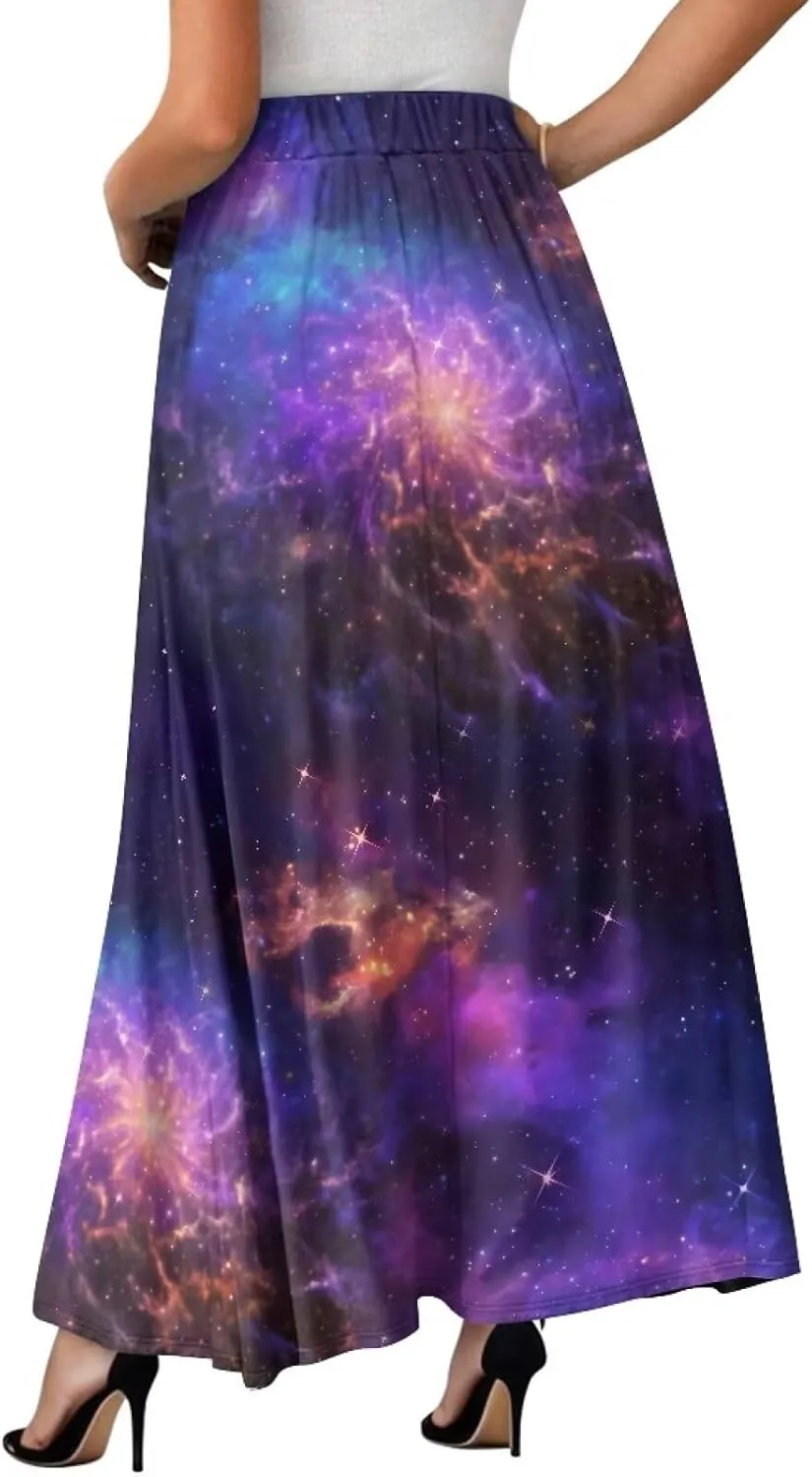 Irisjudy Butterfly Moon Women's Long Maxi Skirts Hawaii Beach Vintage Ankle-Length Pleated Skirts Fire Flame Maxi Long Skirt