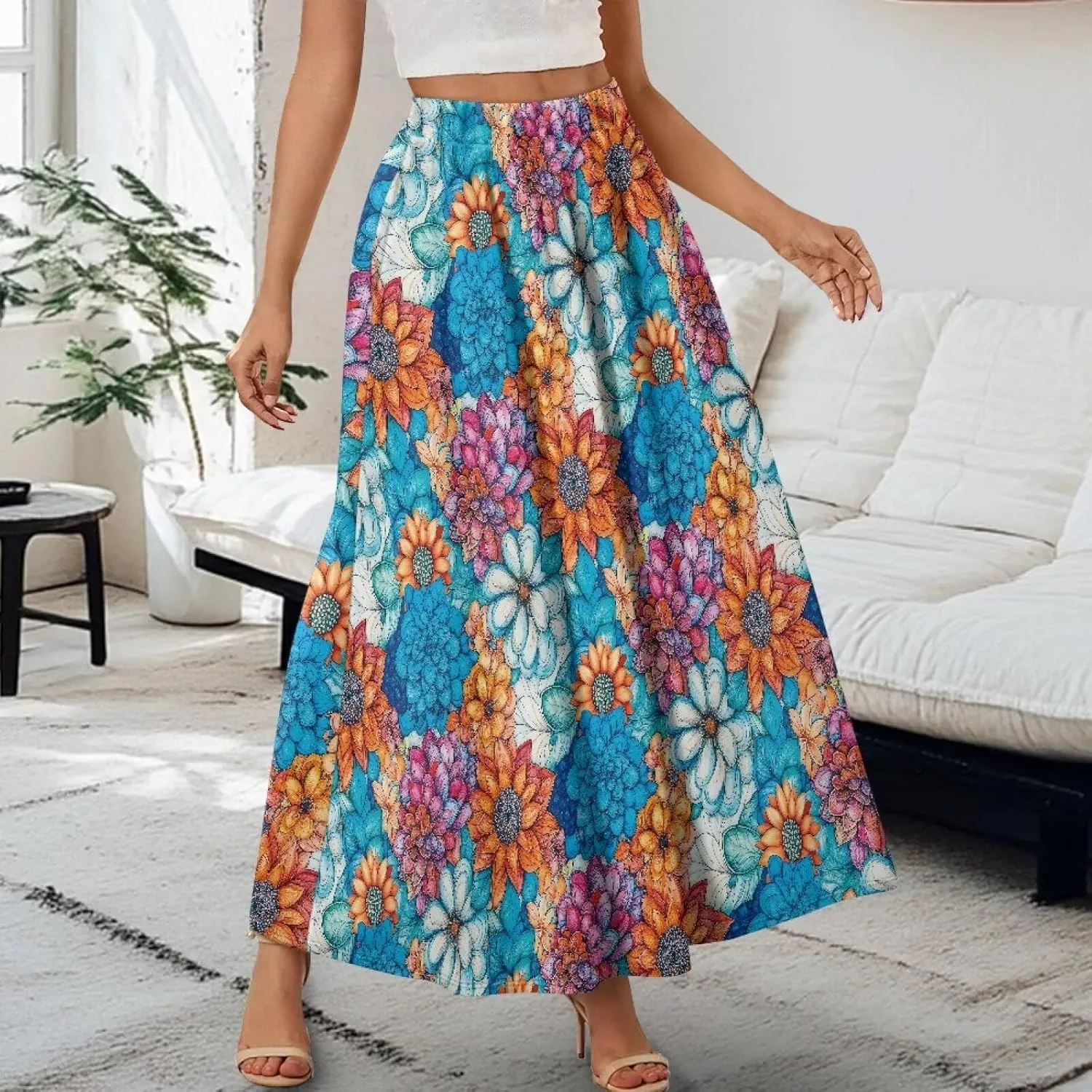 Irisjudy Butterfly Moon Women's Long Maxi Skirts Hawaii Beach Vintage Ankle-Length Pleated Skirts Fire Flame Maxi Long Skirt