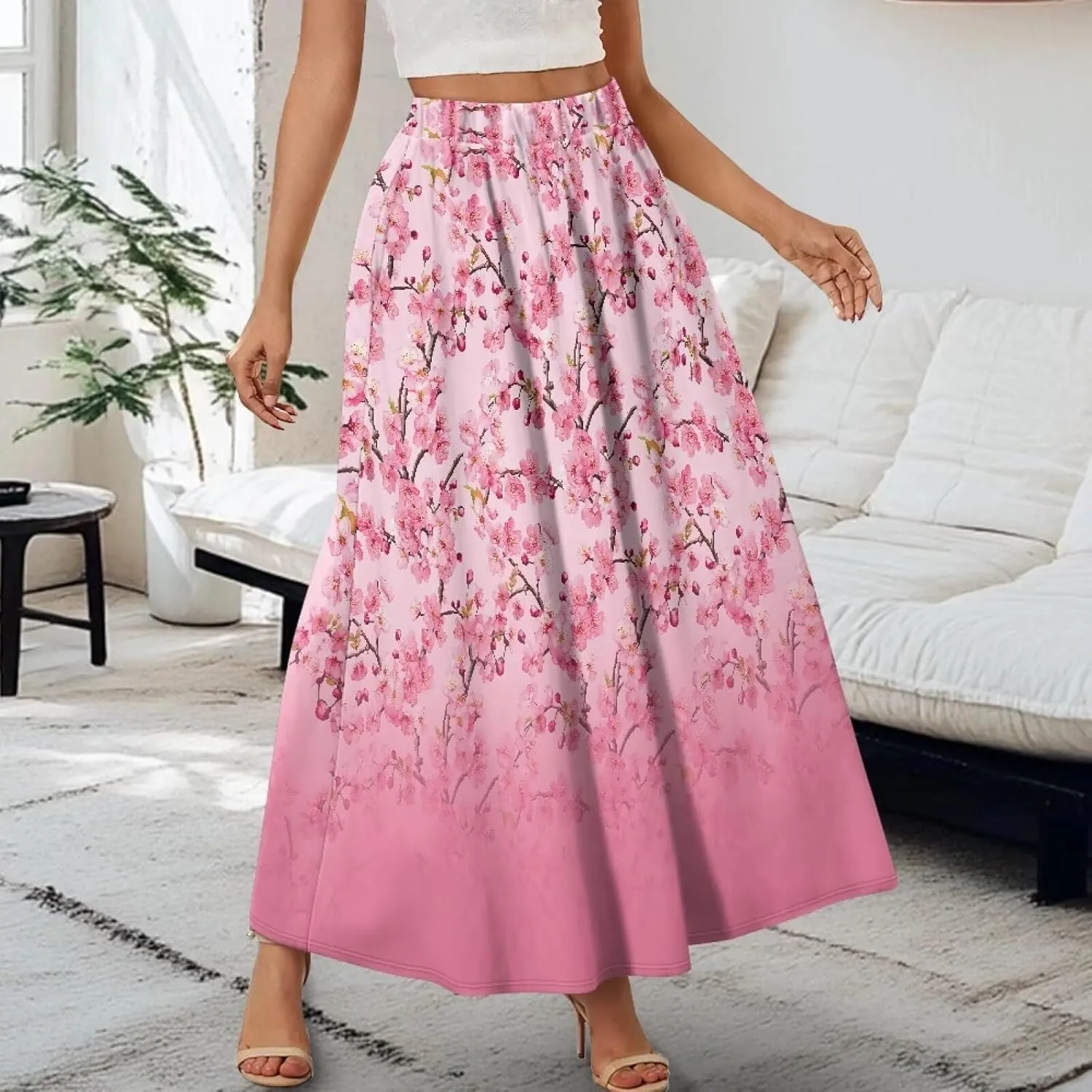 Irisjudy Butterfly Moon Women's Long Maxi Skirts Hawaii Beach Vintage Ankle-Length Pleated Skirts Fire Flame Maxi Long Skirt
