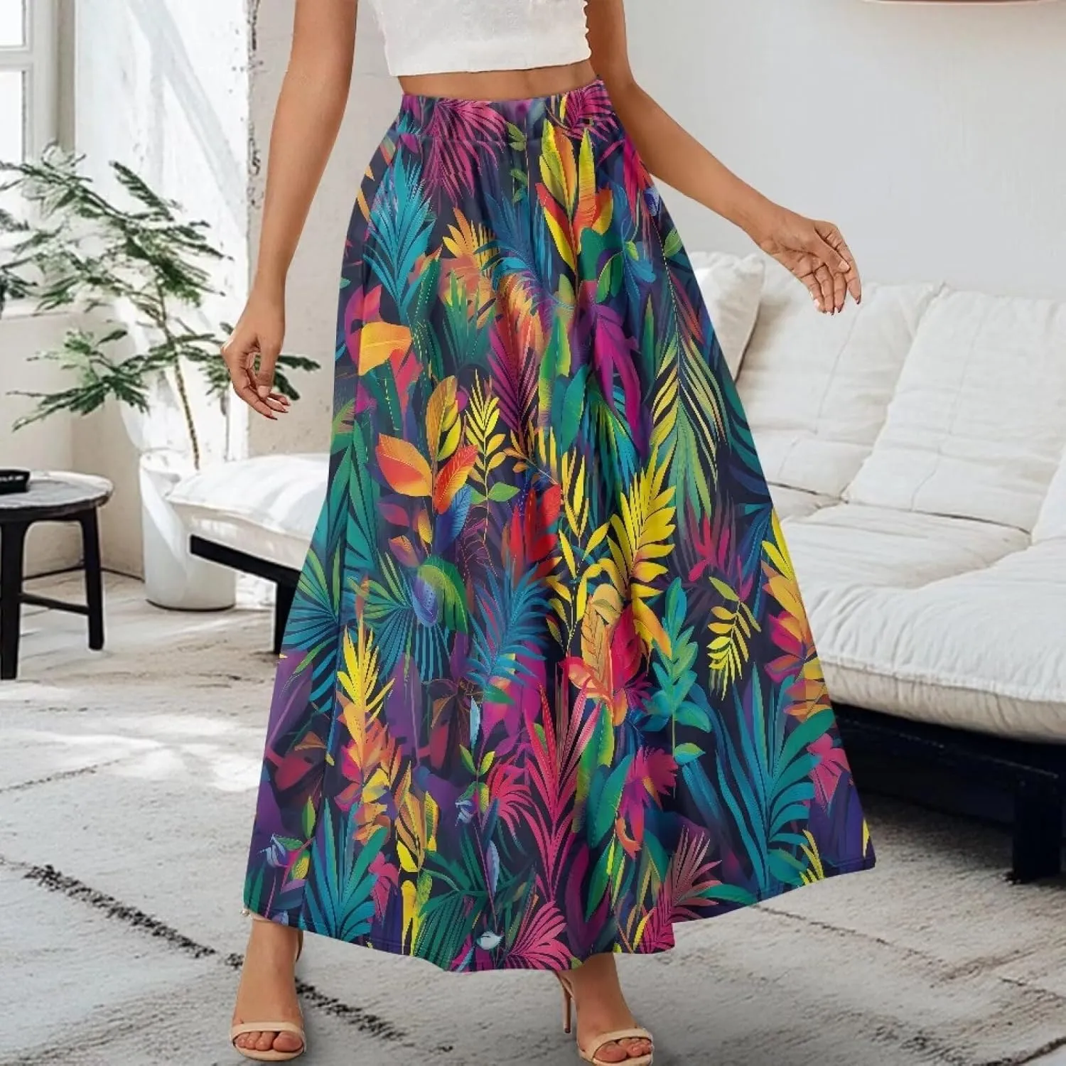 Irisjudy Butterfly Moon Women's Long Maxi Skirts Hawaii Beach Vintage Ankle-Length Pleated Skirts Fire Flame Maxi Long Skirt