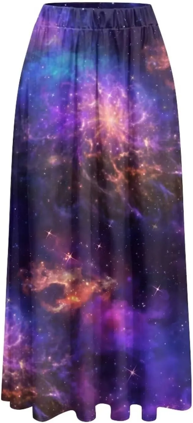 Irisjudy Butterfly Moon Women's Long Maxi Skirts Hawaii Beach Vintage Ankle-Length Pleated Skirts Fire Flame Maxi Long Skirt