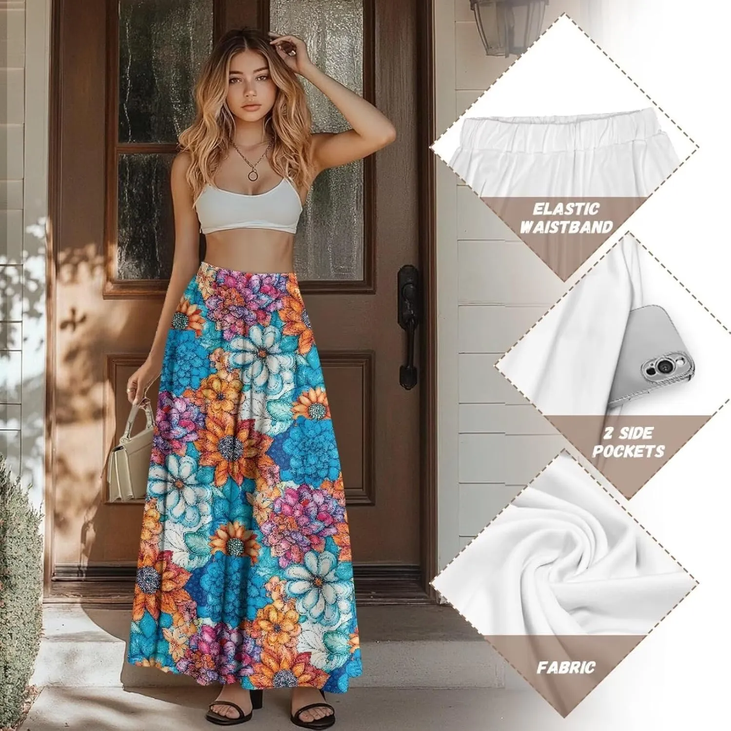 Irisjudy Butterfly Moon Women's Long Maxi Skirts Hawaii Beach Vintage Ankle-Length Pleated Skirts Fire Flame Maxi Long Skirt