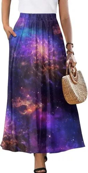 Irisjudy Butterfly Moon Women's Long Maxi Skirts Hawaii Beach Vintage Ankle-Length Pleated Skirts Fire Flame Maxi Long Skirt