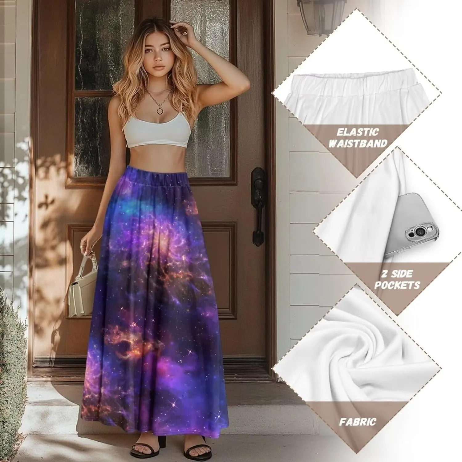 Irisjudy Butterfly Moon Women's Long Maxi Skirts Hawaii Beach Vintage Ankle-Length Pleated Skirts Fire Flame Maxi Long Skirt