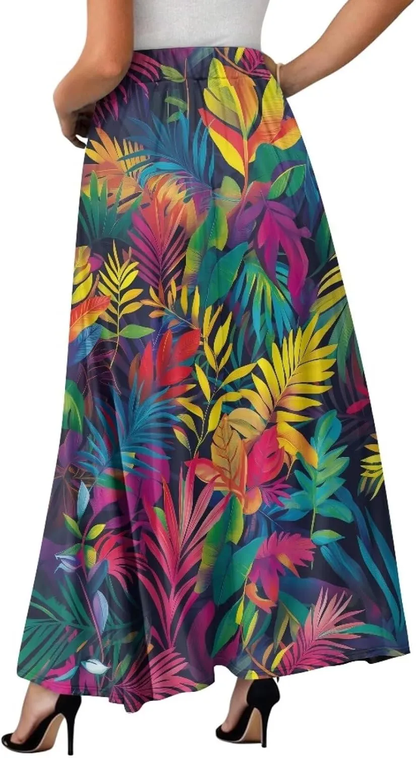 Irisjudy Butterfly Moon Women's Long Maxi Skirts Hawaii Beach Vintage Ankle-Length Pleated Skirts Fire Flame Maxi Long Skirt