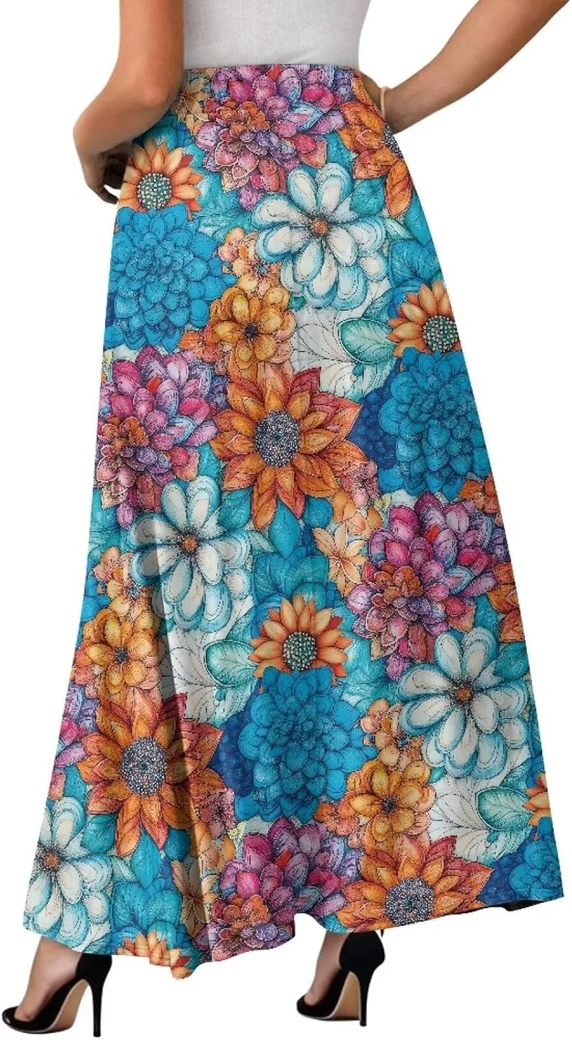 Irisjudy Butterfly Moon Women's Long Maxi Skirts Hawaii Beach Vintage Ankle-Length Pleated Skirts Fire Flame Maxi Long Skirt