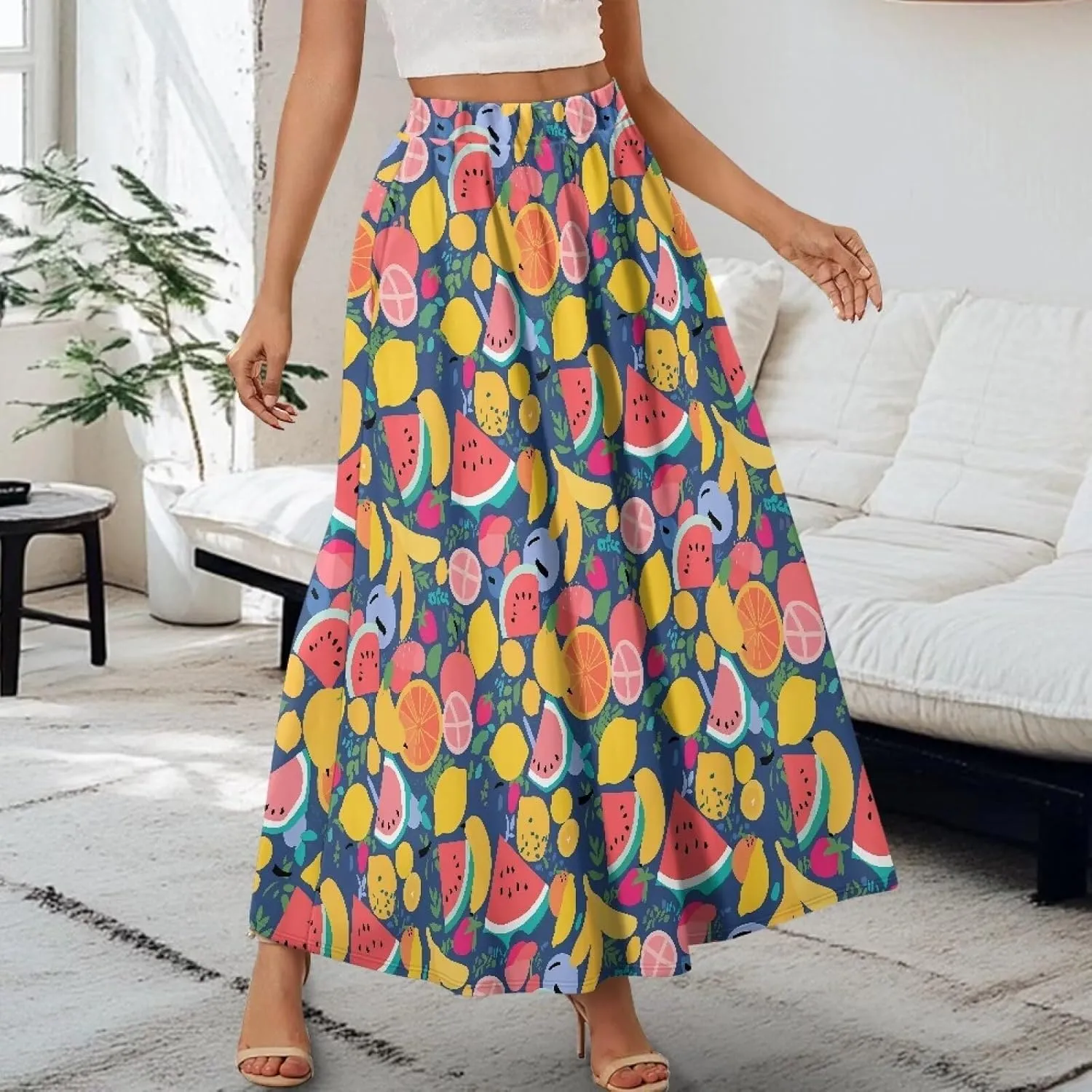 Irisjudy Butterfly Moon Women's Long Maxi Skirts Hawaii Beach Vintage Ankle-Length Pleated Skirts Fire Flame Maxi Long Skirt
