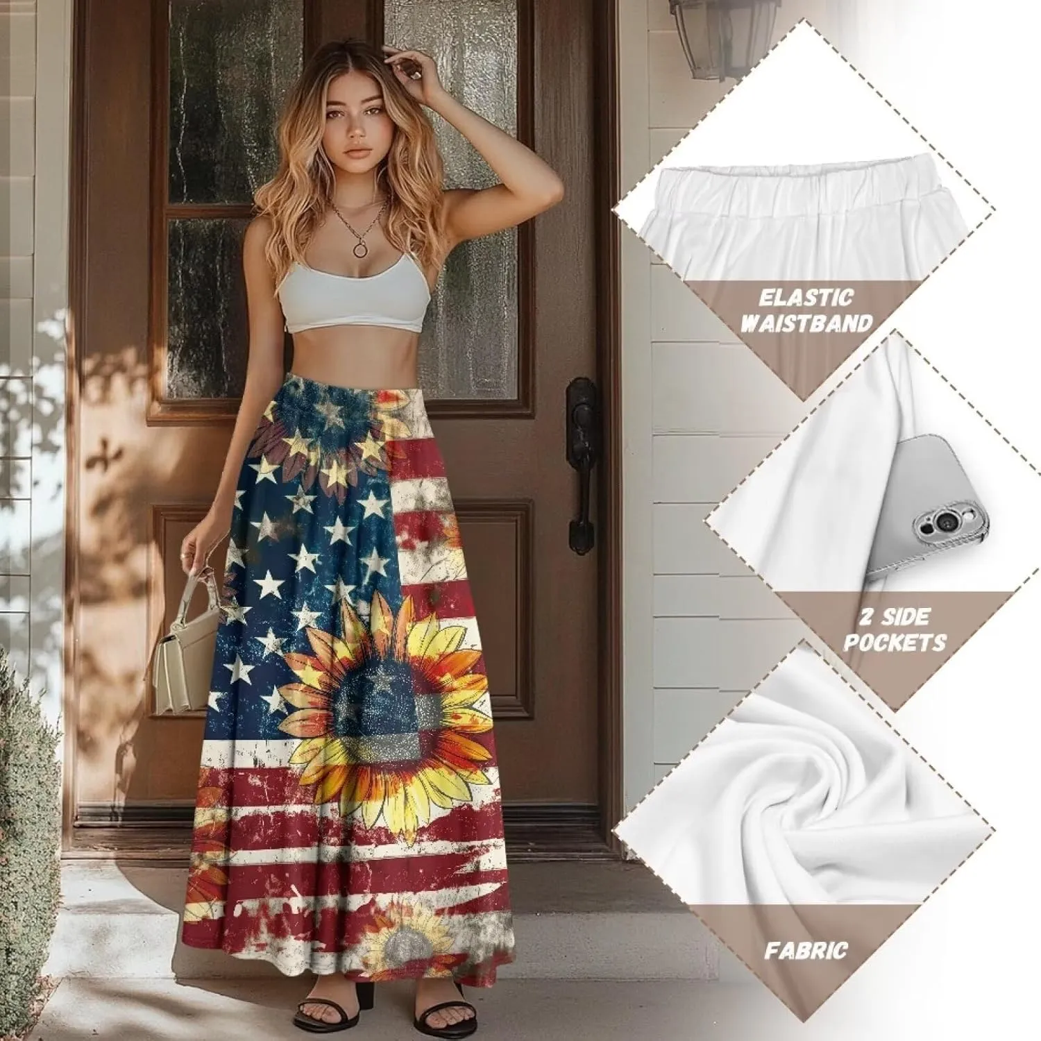 Irisjudy Butterfly Moon Women's Long Maxi Skirts Hawaii Beach Vintage Ankle-Length Pleated Skirts Fire Flame Maxi Long Skirt