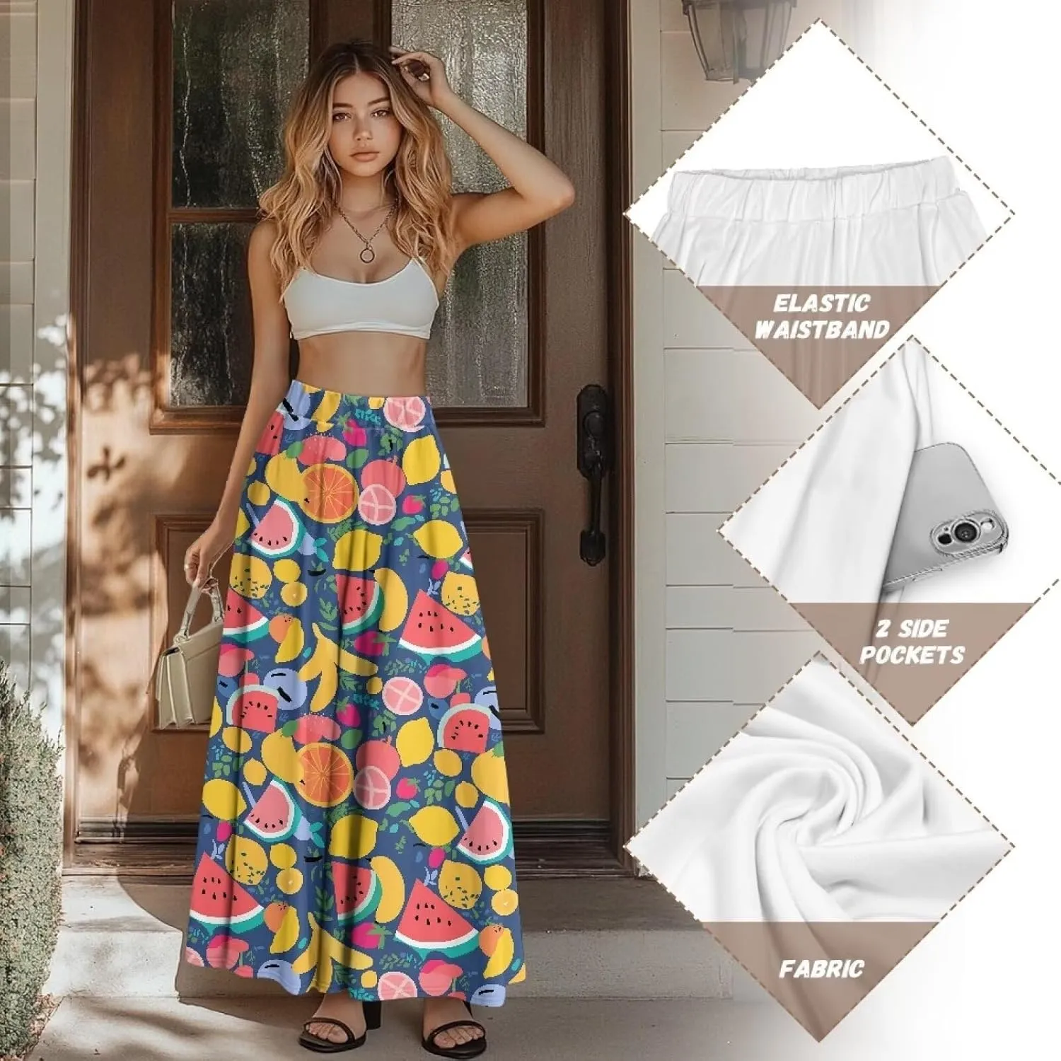 Irisjudy Butterfly Moon Women's Long Maxi Skirts Hawaii Beach Vintage Ankle-Length Pleated Skirts Fire Flame Maxi Long Skirt