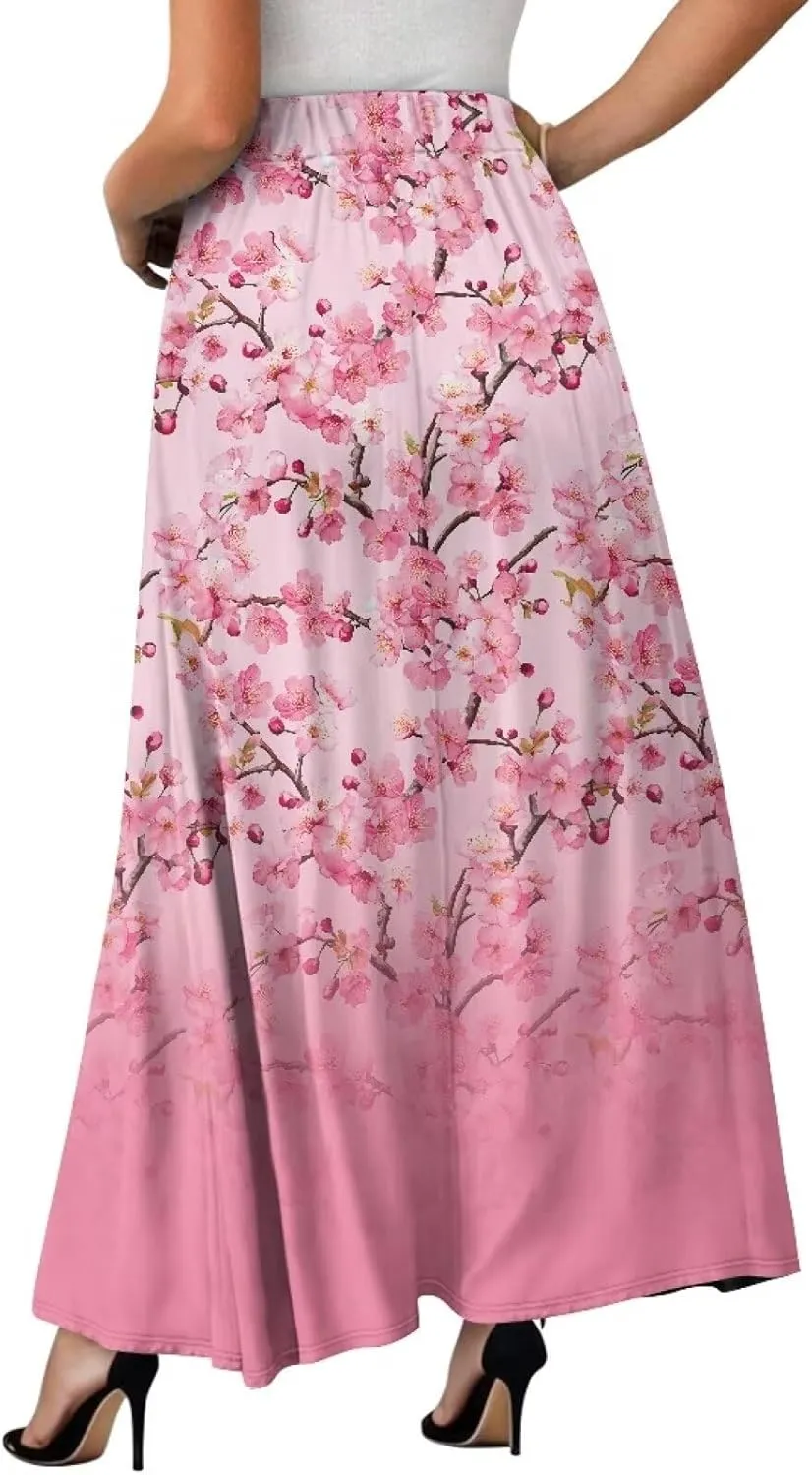 Irisjudy Butterfly Moon Women's Long Maxi Skirts Hawaii Beach Vintage Ankle-Length Pleated Skirts Fire Flame Maxi Long Skirt