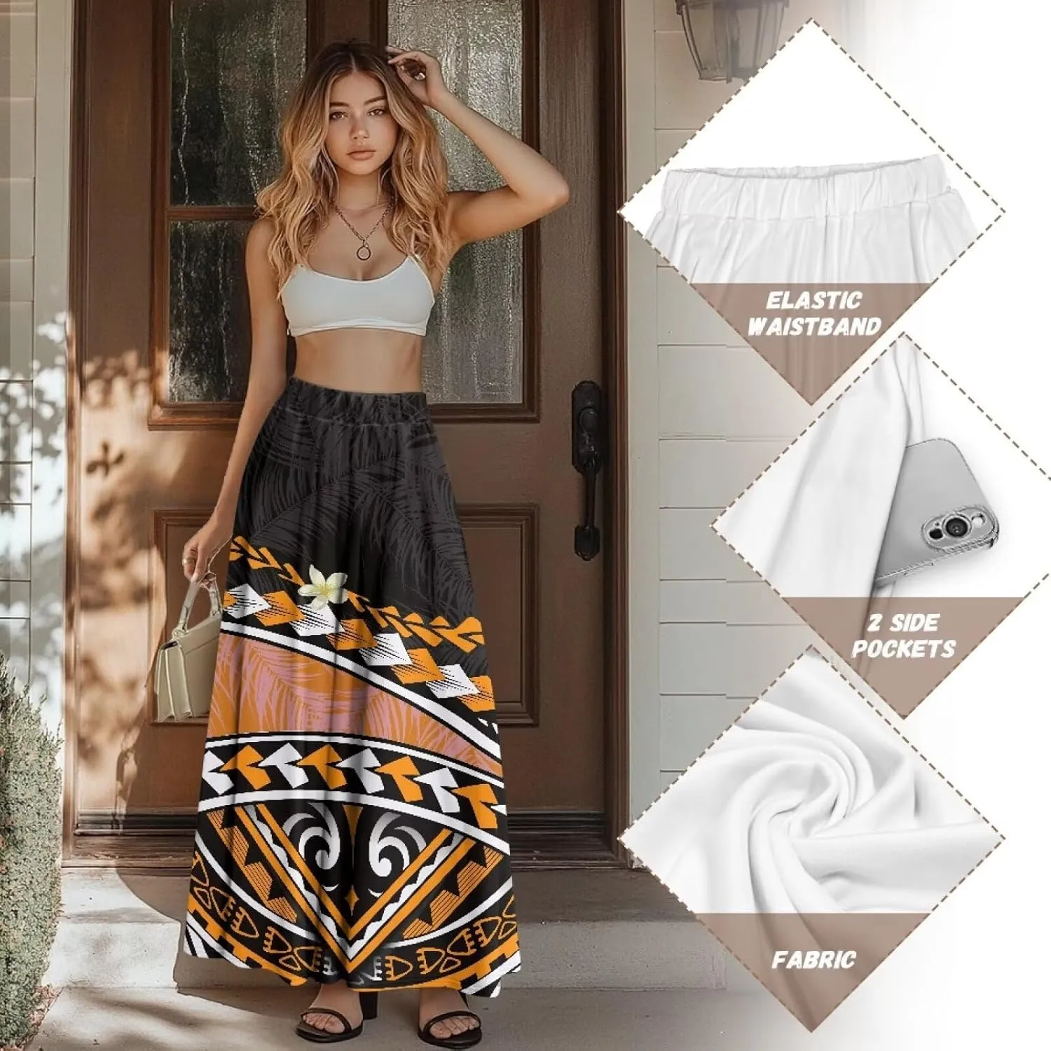 Irisjudy Butterfly Moon Women's Long Maxi Skirts Hawaii Beach Vintage Ankle-Length Pleated Skirts Fire Flame Maxi Long Skirt