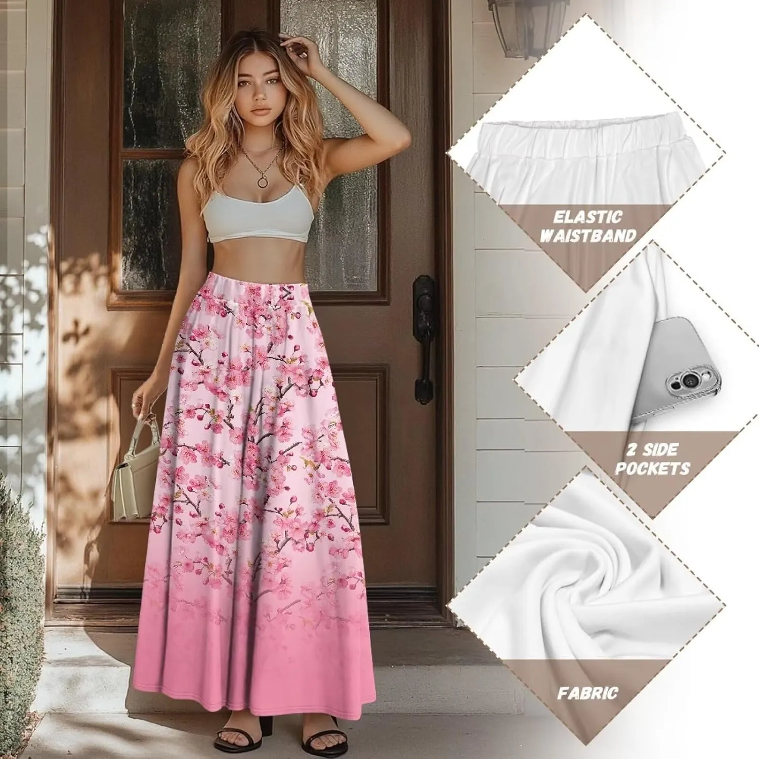 Irisjudy Butterfly Moon Women's Long Maxi Skirts Hawaii Beach Vintage Ankle-Length Pleated Skirts Fire Flame Maxi Long Skirt