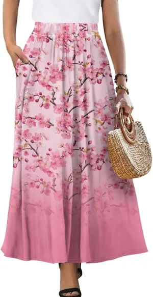 Irisjudy Butterfly Moon Women's Long Maxi Skirts Hawaii Beach Vintage Ankle-Length Pleated Skirts Fire Flame Maxi Long Skirt