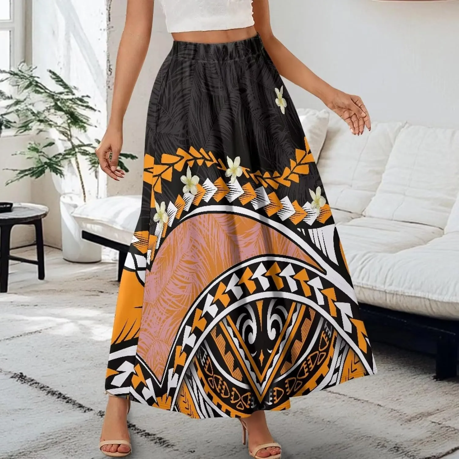 Irisjudy Butterfly Moon Women's Long Maxi Skirts Hawaii Beach Vintage Ankle-Length Pleated Skirts Fire Flame Maxi Long Skirt
