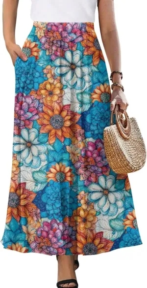 Irisjudy Butterfly Moon Women's Long Maxi Skirts Hawaii Beach Vintage Ankle-Length Pleated Skirts Fire Flame Maxi Long Skirt