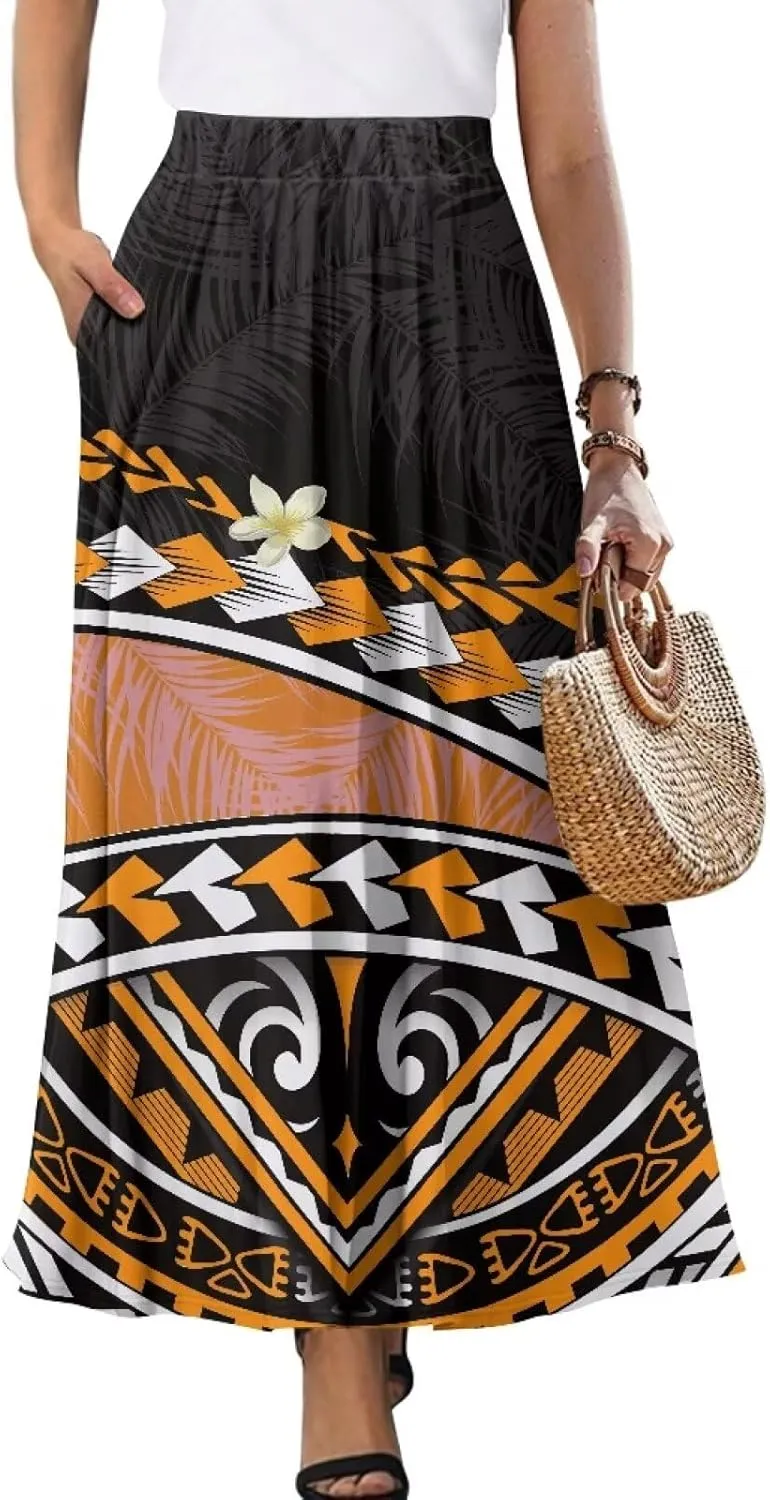 Irisjudy Butterfly Moon Women's Long Maxi Skirts Hawaii Beach Vintage Ankle-Length Pleated Skirts Fire Flame Maxi Long Skirt
