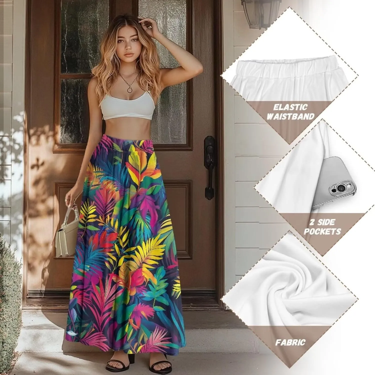 Irisjudy Butterfly Moon Women's Long Maxi Skirts Hawaii Beach Vintage Ankle-Length Pleated Skirts Fire Flame Maxi Long Skirt