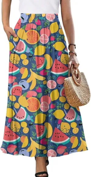 Irisjudy Butterfly Moon Women's Long Maxi Skirts Hawaii Beach Vintage Ankle-Length Pleated Skirts Fire Flame Maxi Long Skirt
